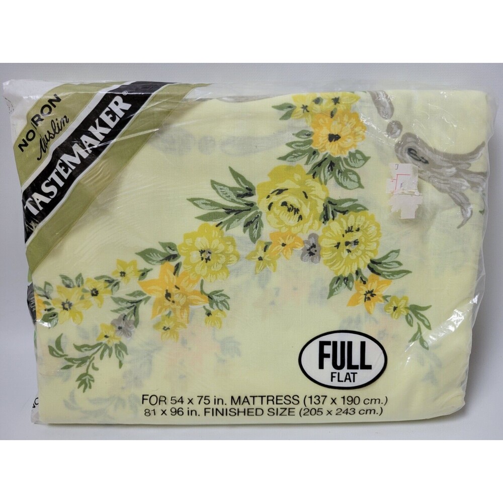 Vintage NIP Stevens Tastemaker Muslin Full Flat Sheet Yellow‎ Floral Sheraton II